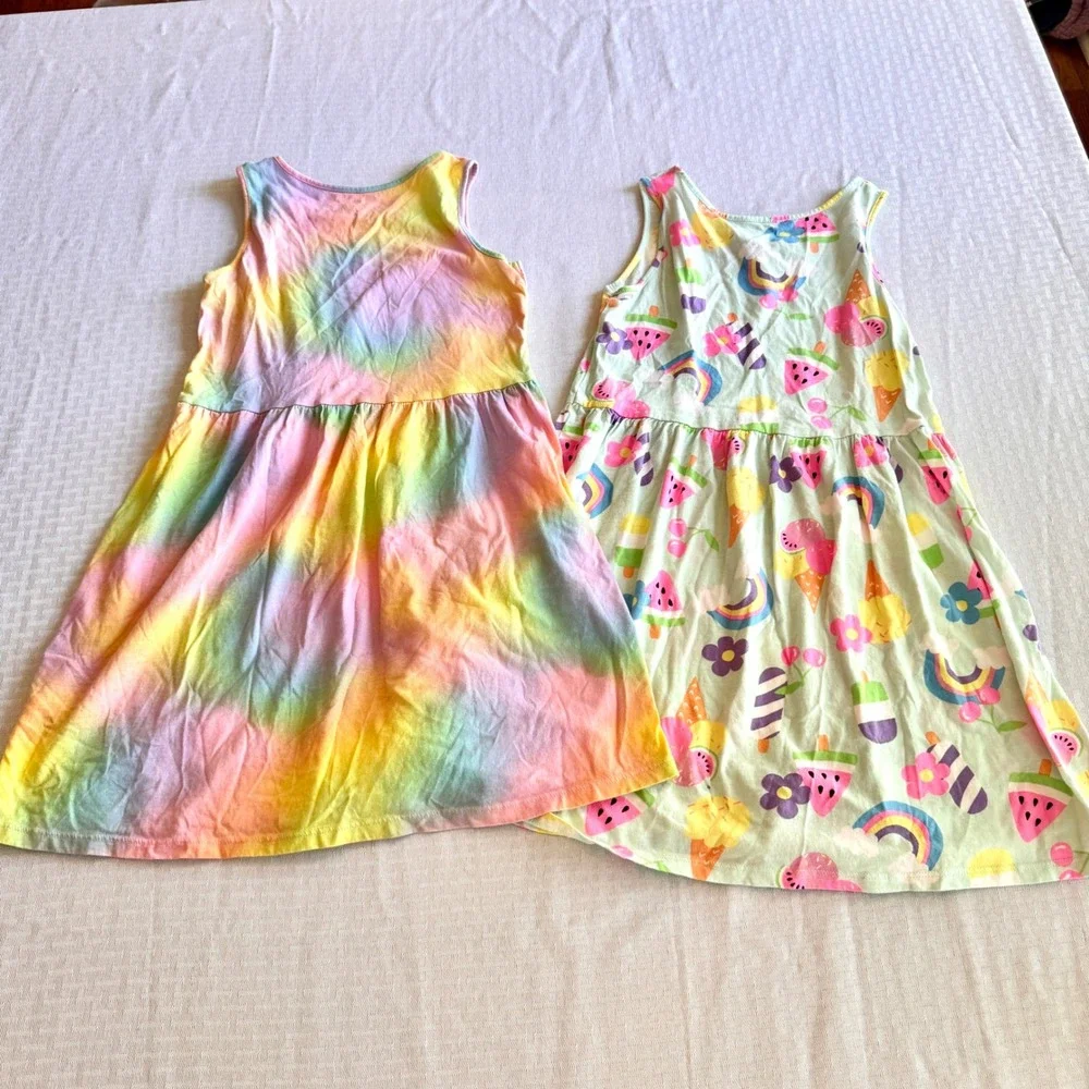 HM Girls 2-Pack Sleeveless Jersey Dresses Size 8/10 Rainbow Tie Dye Ice‎ Cream